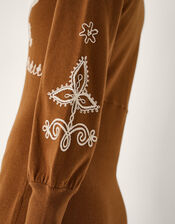 Cleo V-Neck Embroidered Knit Midi Dress, Orange (RUST), large