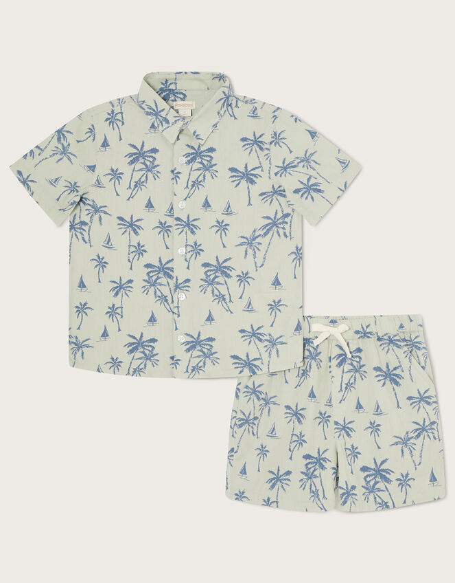 Palm Print Poplin Shirt and Shorts Set Green