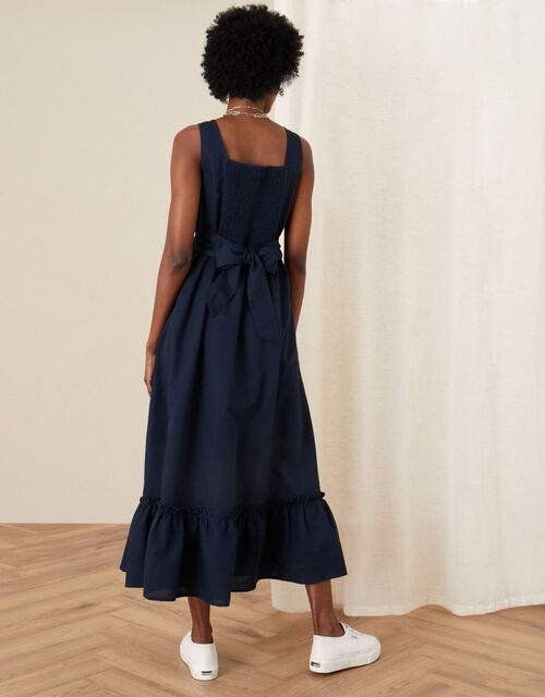 Frill Hem Dress in Linen Blend, Blue (NAVY), large