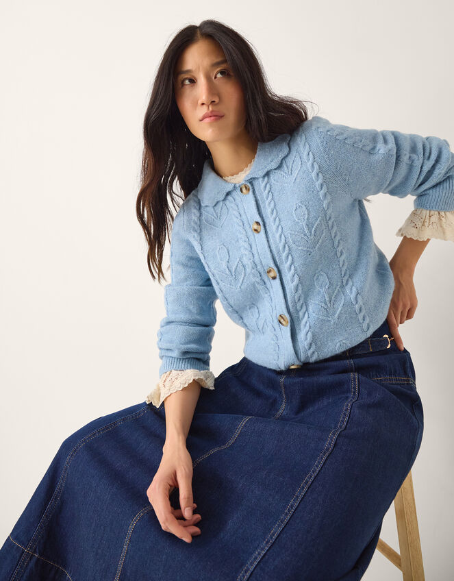 Kat Floral Cable Knit Cardigan Blue