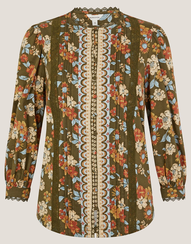 Olive Floral Print Jersey Shirt, Green (KHAKI), large