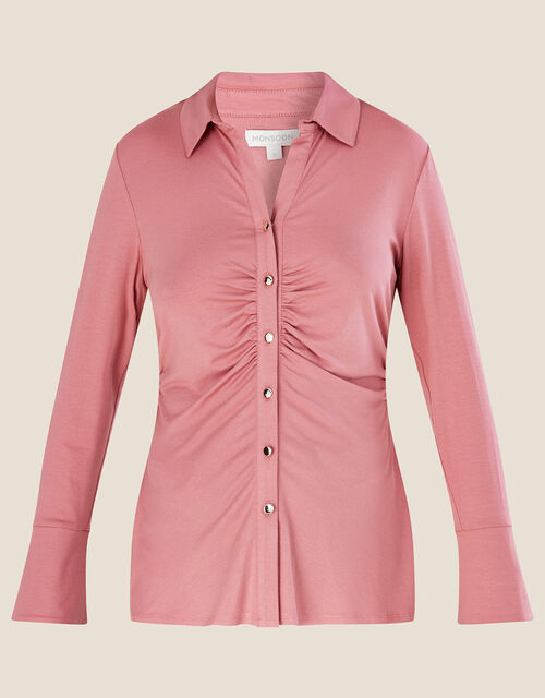 Button Through Plain Jersey Shirt, Pink (PINK), large