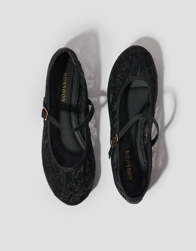 Vela Embroidered Mesh Ballet Flats, Black (BLACK), large