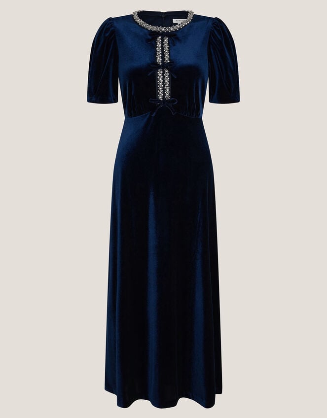 Celeste Embellished Bow Velvet Midi Dress, Blue (NAVY), large