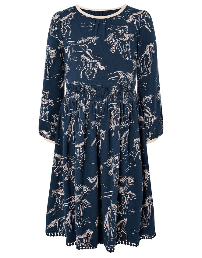 Horse Jersey Dress with Organic Cotton, Blue (NAVY), large