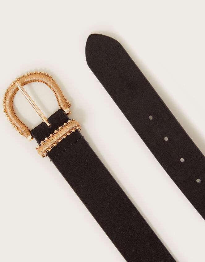 Leather Antique Buckle Belt, Black (BLACK), large