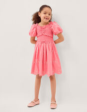 Embroidered Puff Sleeve Smocked Dress, Pink (PINK), large