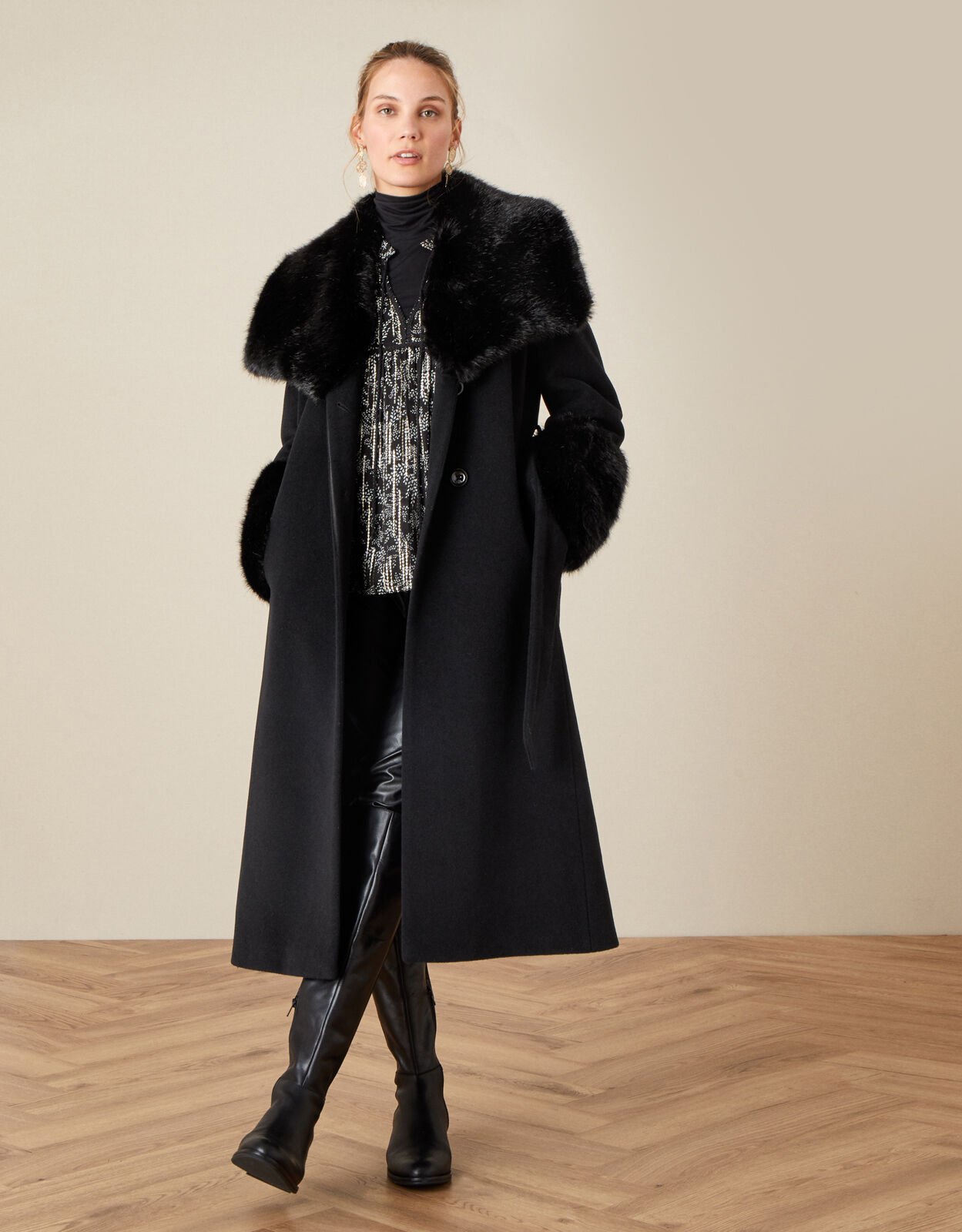 Sadie Faux Fur Trim Wrap Coat Black
