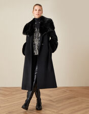 Sadie Faux Fur Trim Wrap Coat, Black (BLACK), large