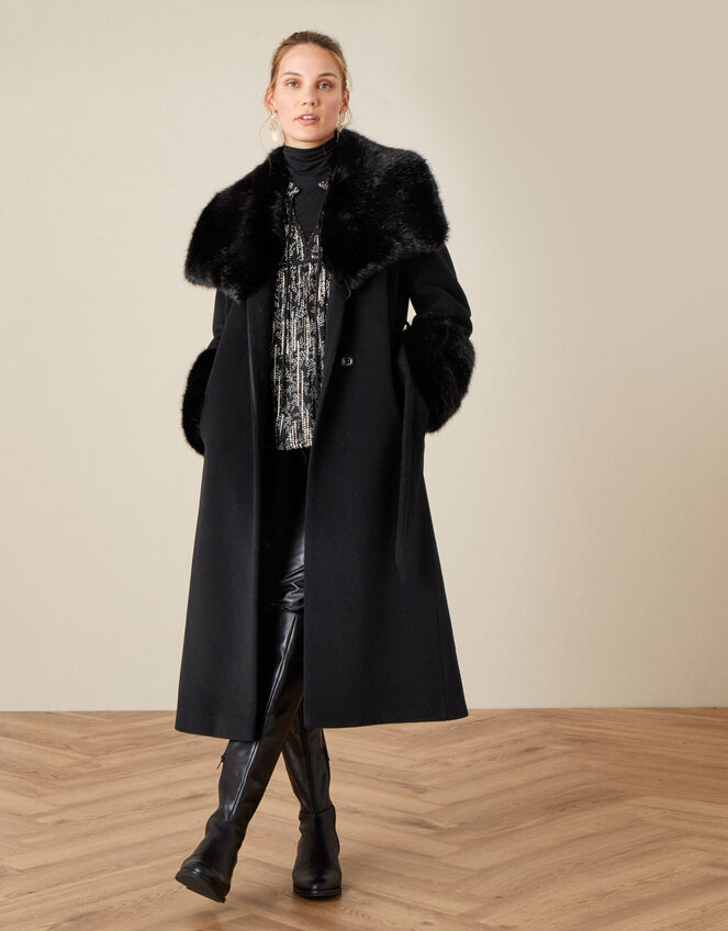 Sadie Faux Fur Trim Wrap Coat, Black (BLACK), large