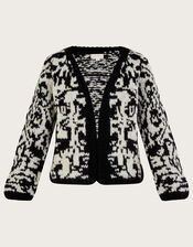 Handknit Jacquard Cardigan with Recycled Polyester, Black (BLACK), large