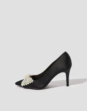 Pearl Bow Satin Court Shoes, Black (BLACK), large