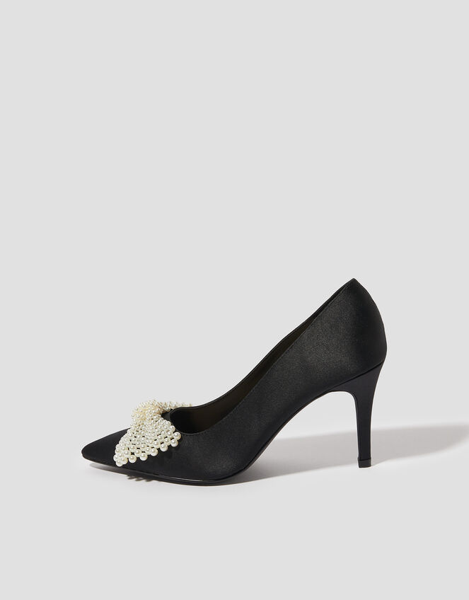 Pearl Bow Satin Court Shoes, Black (BLACK), large