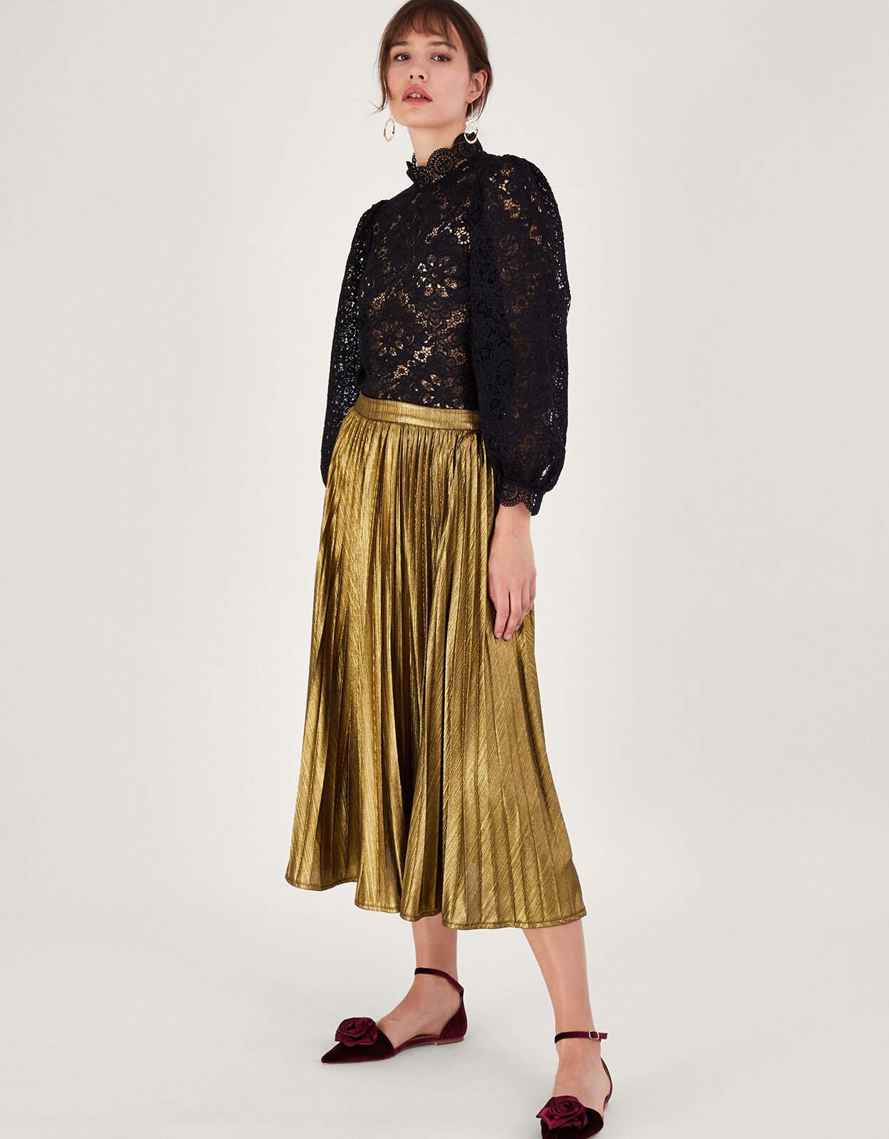 Mia Pleated Midi Skirt Gold