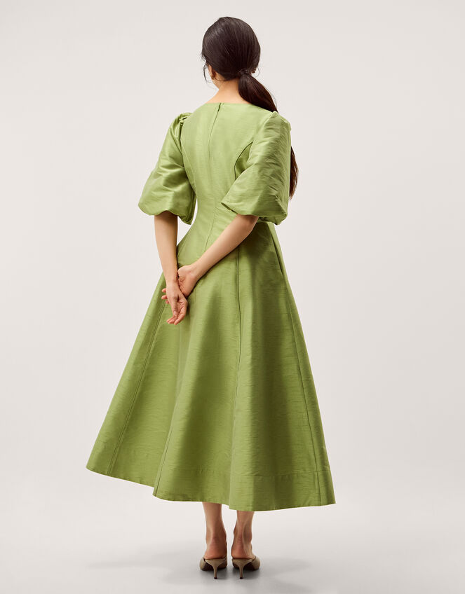 Beatrice Puff Sleeve A-Line Midi Dress Green