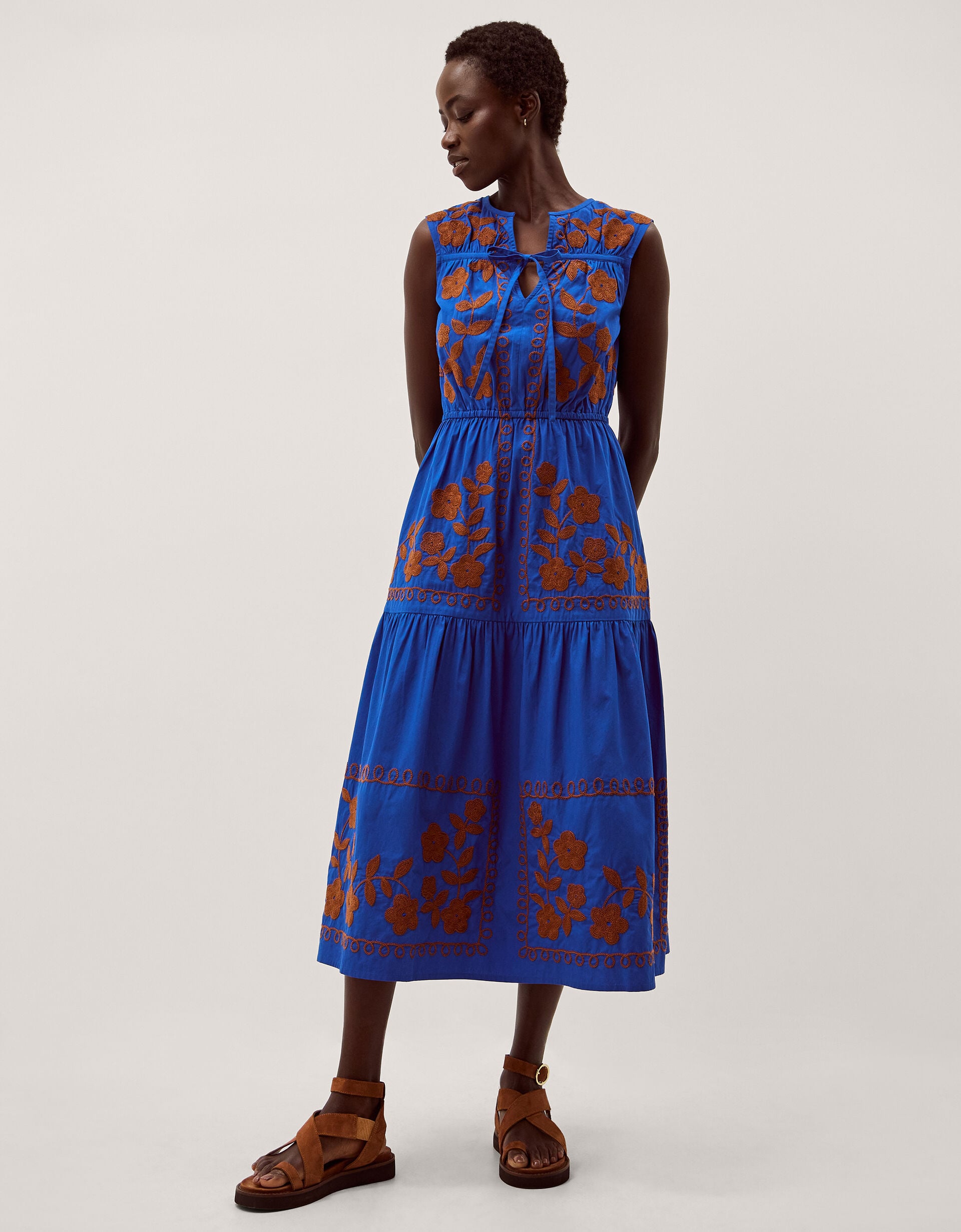Madison Sleeveless Embroidered Midi Dress Blue | Day Dresses