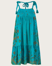 Tile Print Pintuck Mini Dress, Blue (TURQUOISE), large