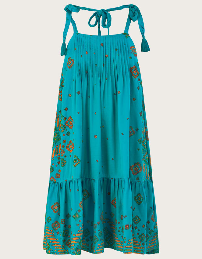 Tile Print Pintuck Mini Dress, Blue (TURQUOISE), large