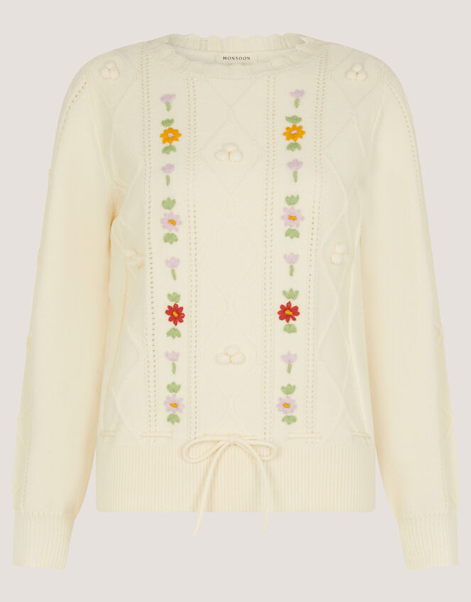 Elsie Floral Embroidered Cable Knit Jumper Ivory