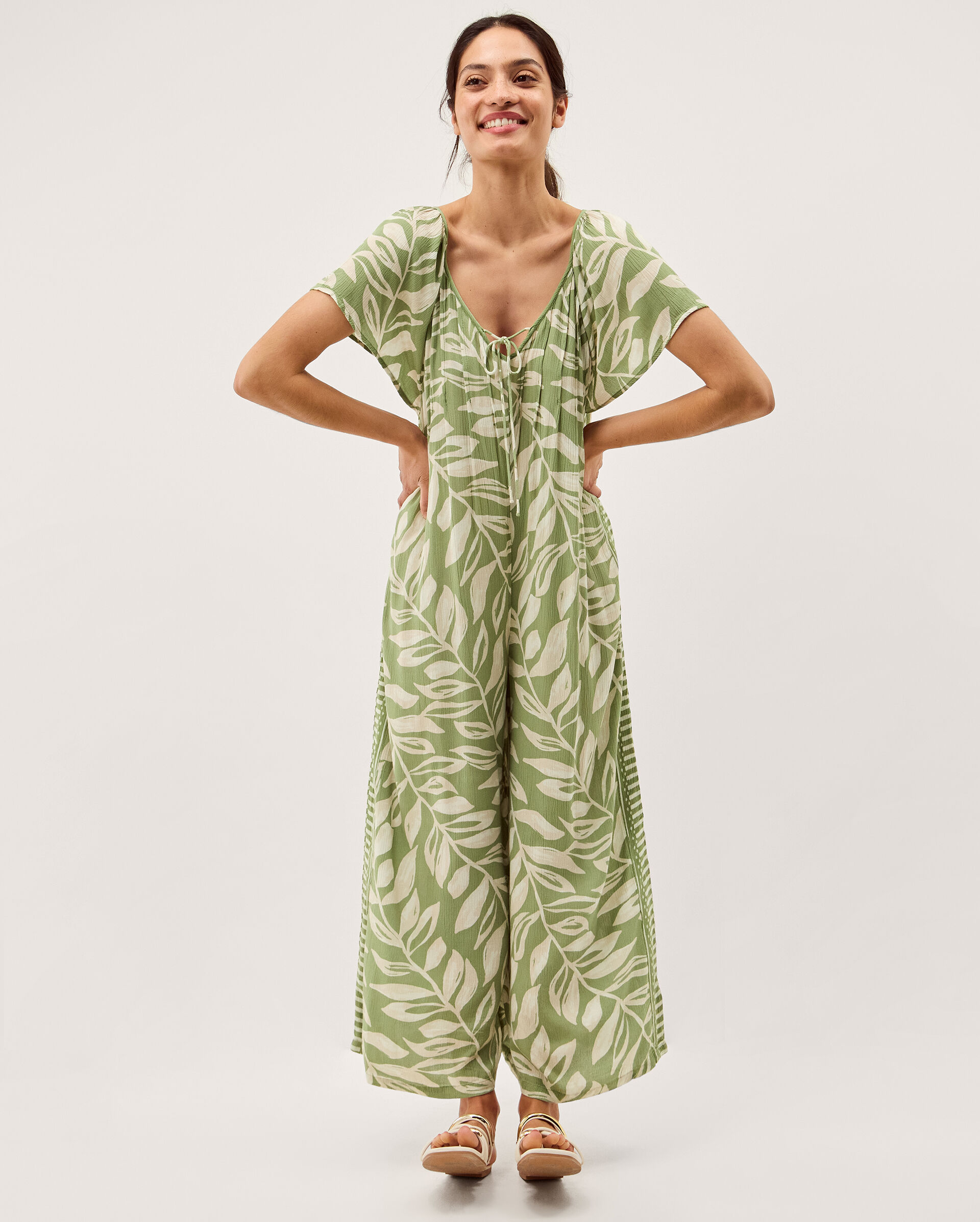 Lillie Leaf Print Jumpsuit Green