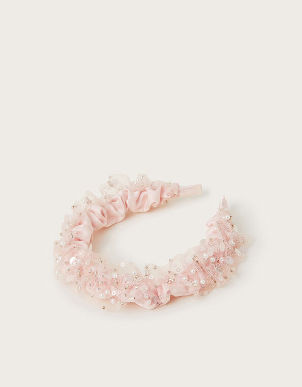 Ruched Pearl Ruffle Headband, , large