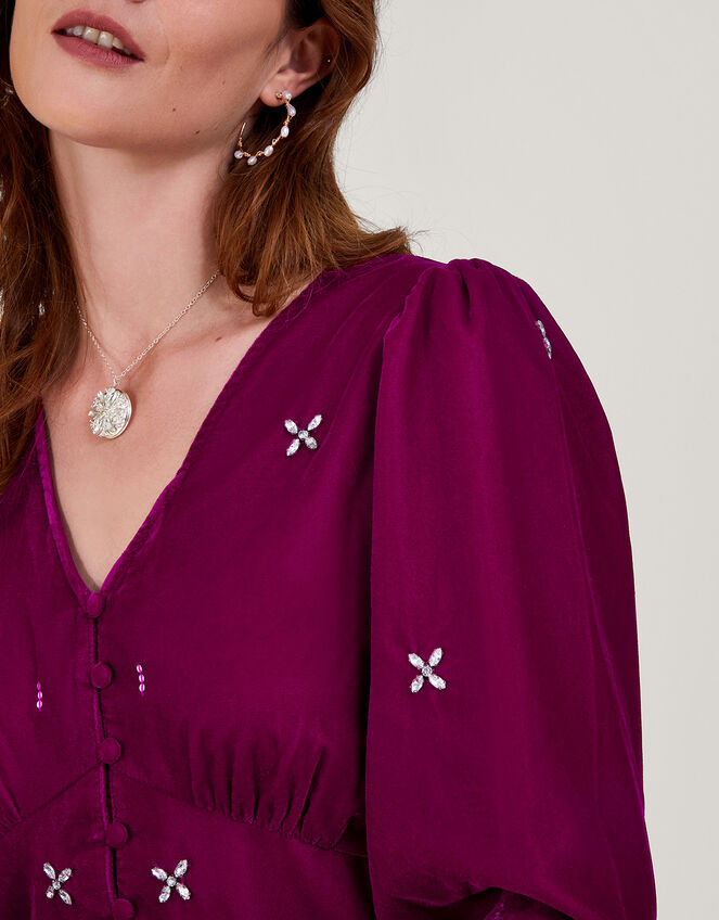 Carola Embellished Velvet Blouse, Pink (PINK), large