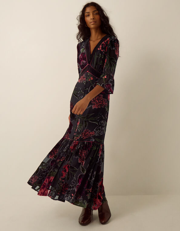 Anya Floral Devor&eacute; Maxi Dress, Red (BURGUNDY), large