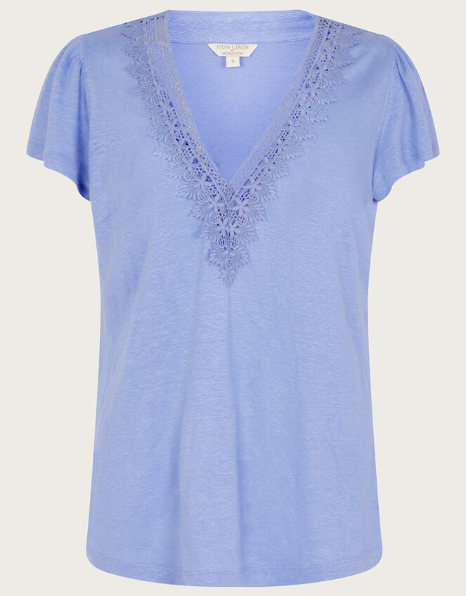 Lace V-Neck Short Sleeve Top in Linen Blend, Blue (BLUE), large