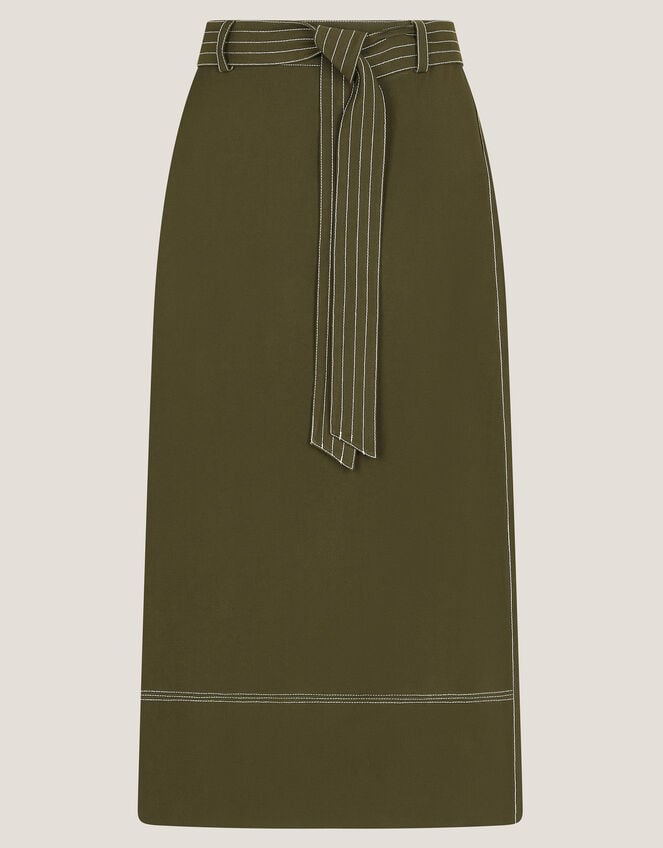 Katya Tie Waist Midi Skirt, Green (KHAKI), large
