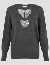 Di Sequin Bow Crew Neck Jumper, Grey (DARK GREY), large