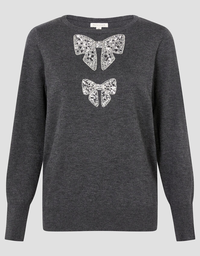 Di Sequin Bow Crew Neck Jumper, Grey (DARK GREY), large