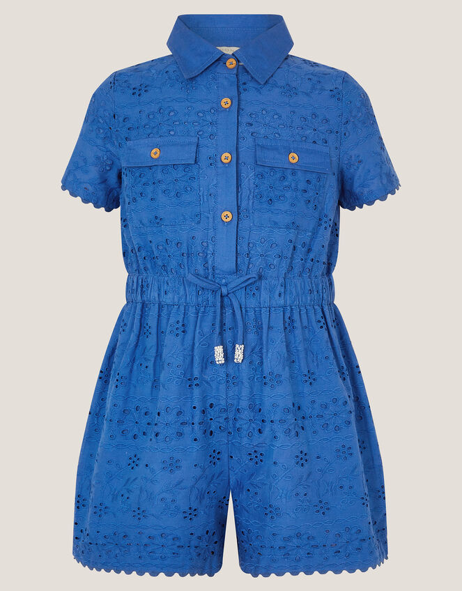 Short Sleeve Broderie Playsuit, Blue (BLUE), large