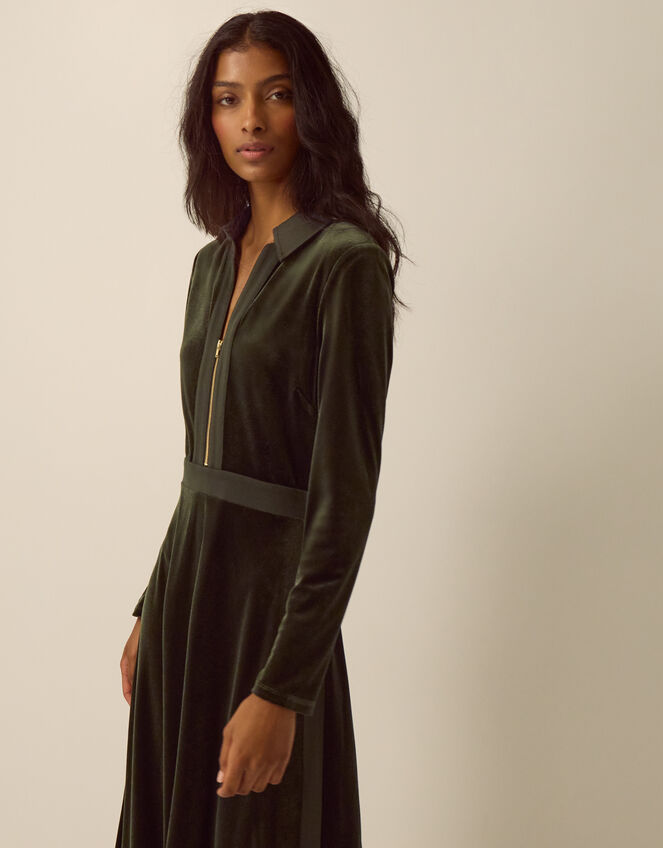 Zeyna Zip Velvet Midi Dress, Green (OLIVE), large