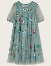 Butterfly Embroidered Mesh Dress, Green (GREEN), large