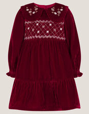 Baby Floral Embroidered Velvet Dress, Red (BURGUNDY), large
