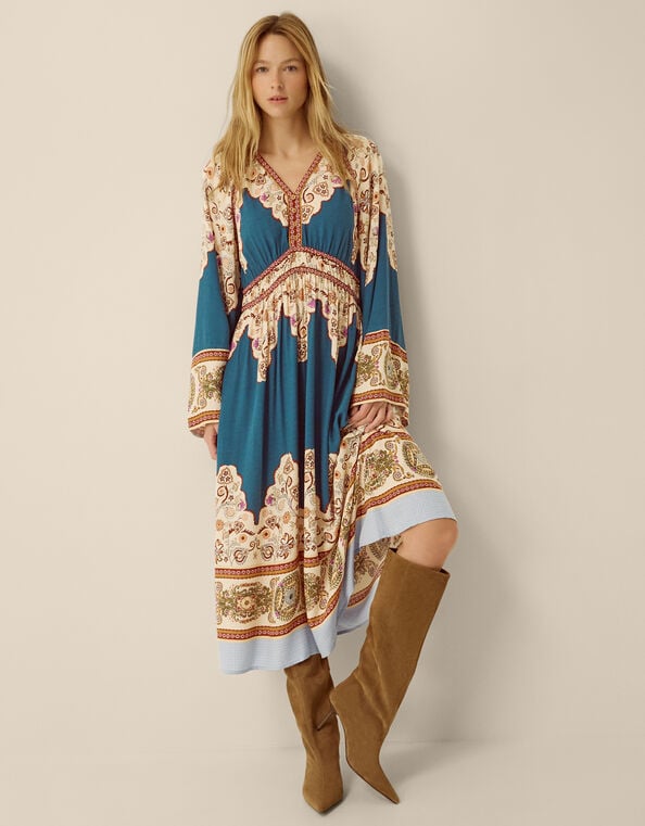 Alexandra Floral Print Boho Midi Dress, Teal (TEAL), large