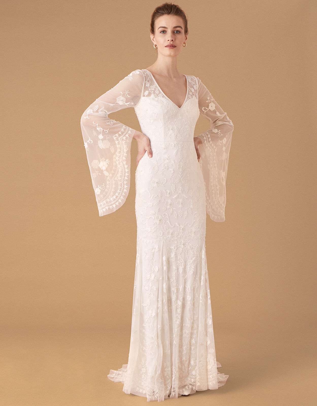 Evelina Bridal Fluted Sleeve Embellished Dress Ivory