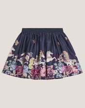 Floral Horse Print Satin Skirt, Blue (NAVY), large