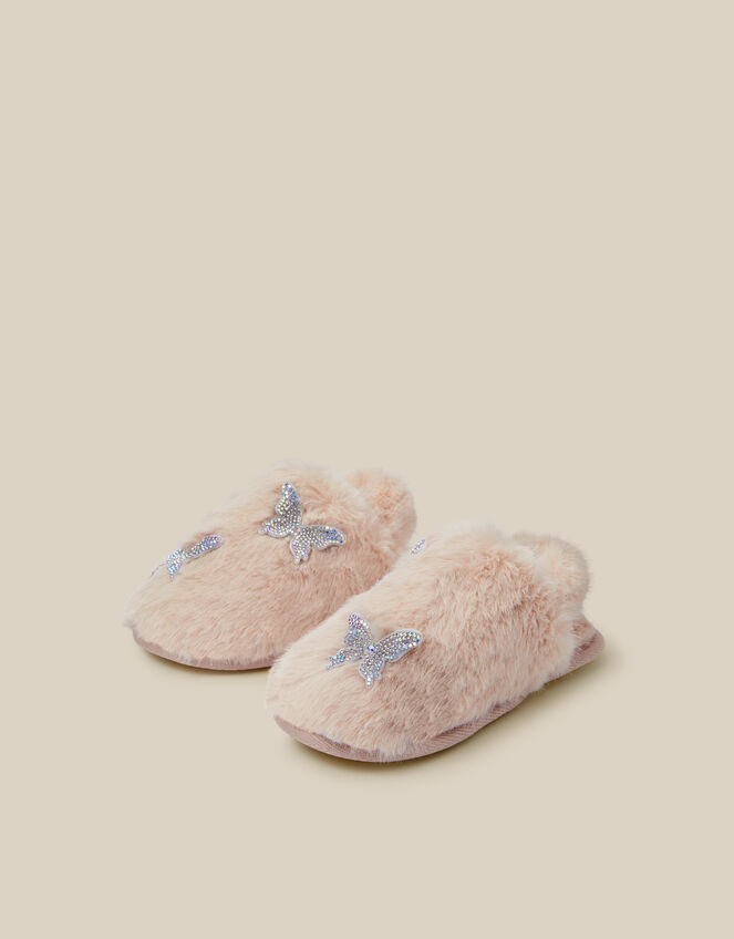 Fluffy Rhinestone Butterfly Slippers, Ivory (IVORY), large