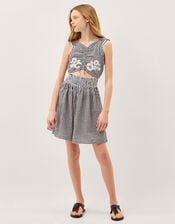 Floral Embroidered Gingham Cut-Out Dress, Black (BLACK), large