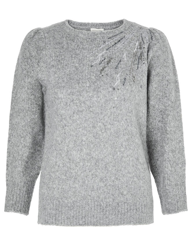 Embellished Shoulder Knit Jumper, Grey (CHARCOAL), large