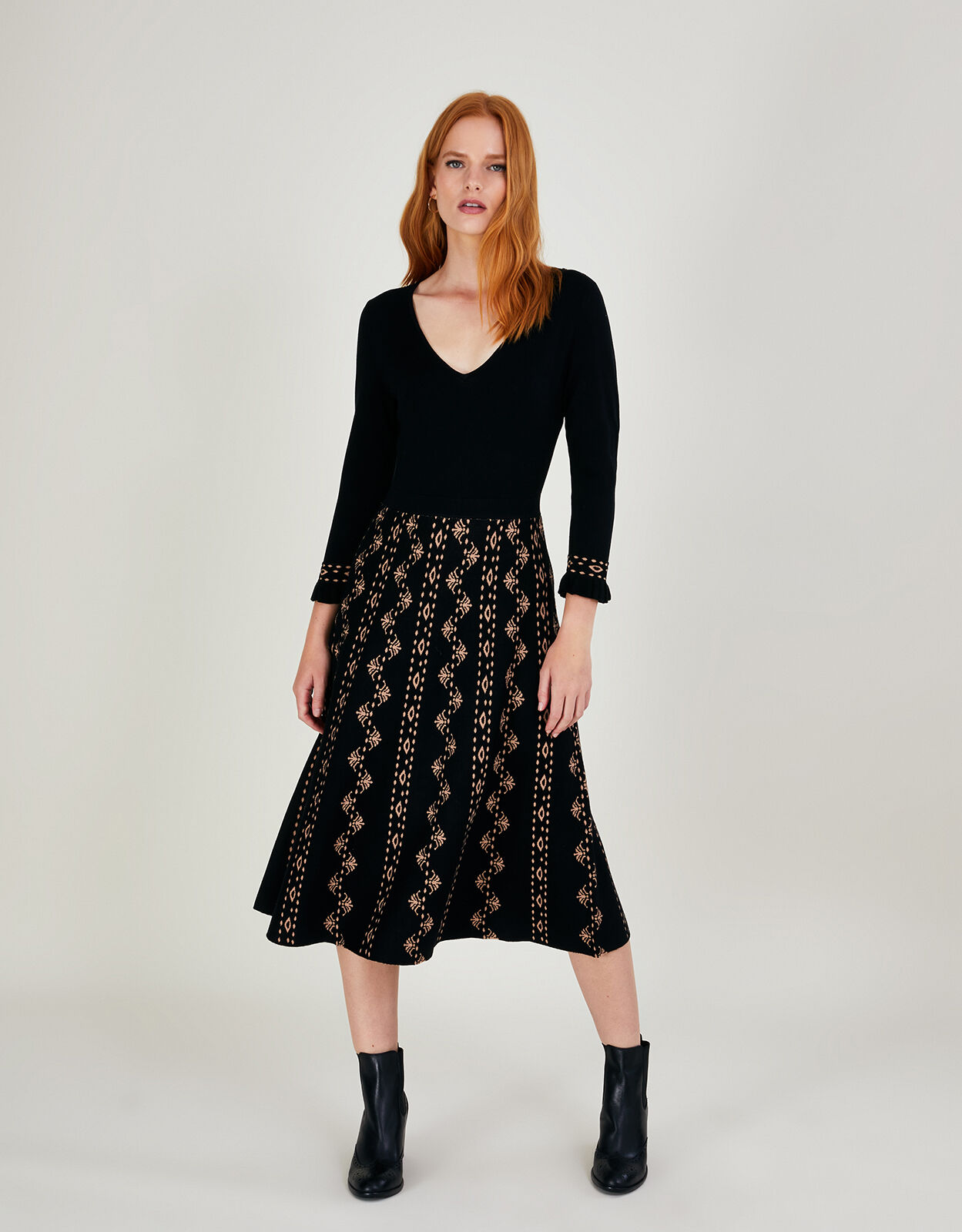 V-Neck Pattern Knit Dress in 