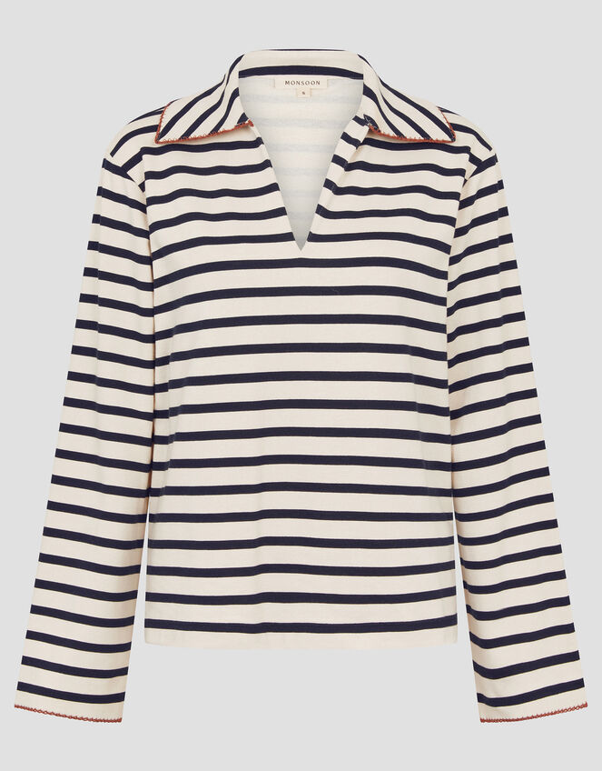 Sami Stripe Long Sleeve Collar Top, Ivory (IVORY), large