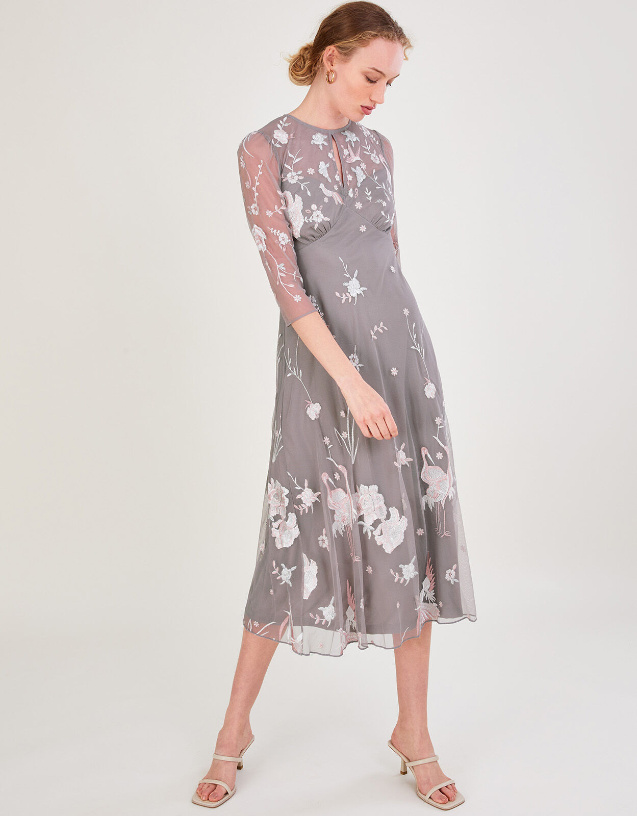 Britta Embellished Midi Dress in Recycled Polyester Grey Evening Dresses Monsoon UK