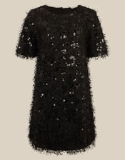 Skylar Short Sleeve Sequin Fringe Mini Dress, Black (BLACK), large