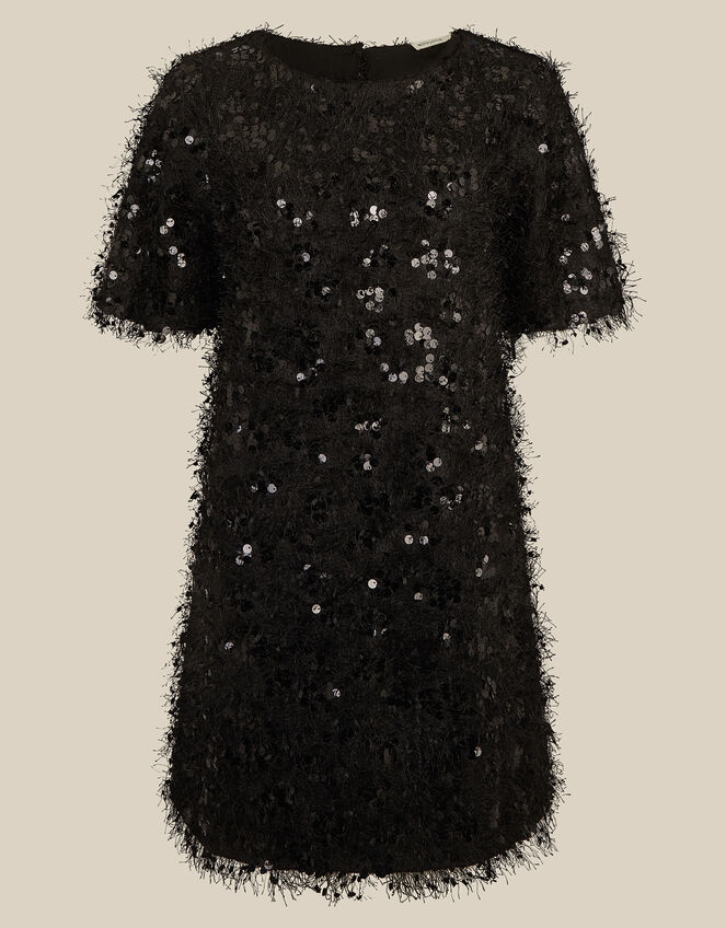 Skylar Short Sleeve Sequin Fringe Mini Dress, Black (BLACK), large