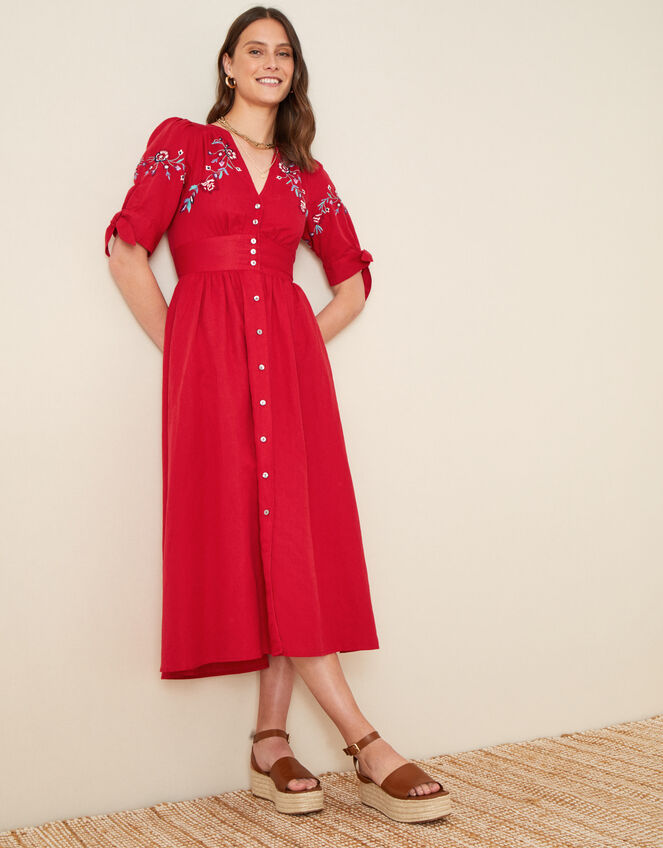 Dolly Floral Embroidered Midi Dress, Red (RED), large