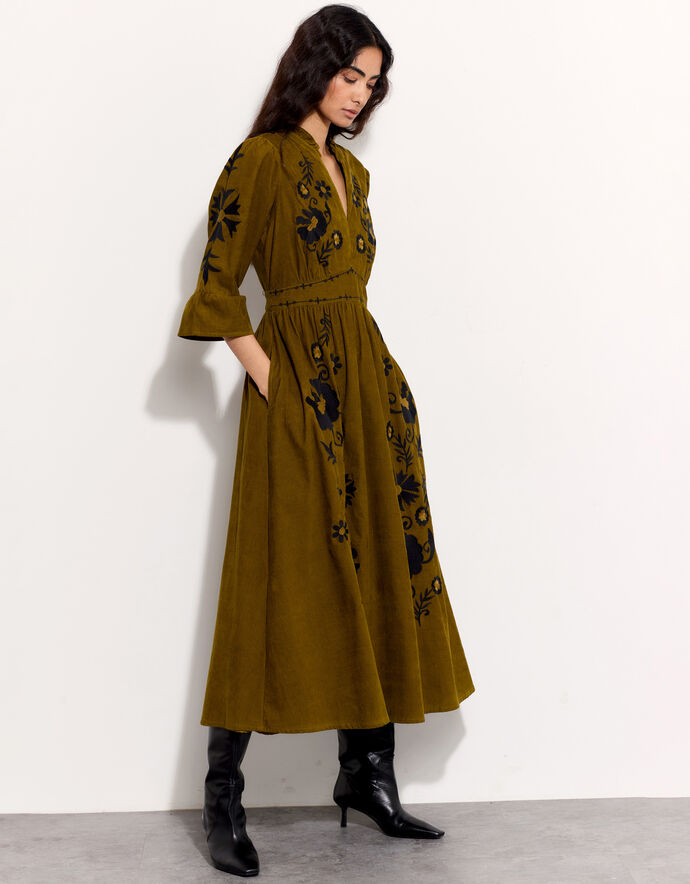 Forest Green Warm Cotton Corduroy Fit and Flare Maxi Dress