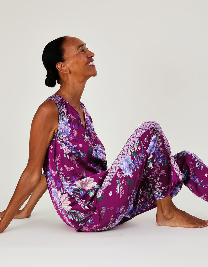 Floral Print Satin Pyjama Trousers in Recycled Polyester, Red (BERRY), large