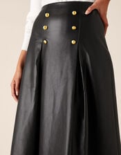 Gold Button Leather-Look Skirt, Black (BLACK), large